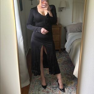 Rotate Birger Christensen Dress XS Black Satin V neck High Slit